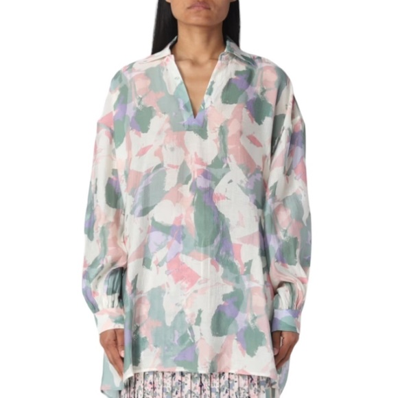 BOSS Hugo Boss Top Abstract Pastel Print Barry Shirt V Neck Blouse Oversized - Picture 1 of 12